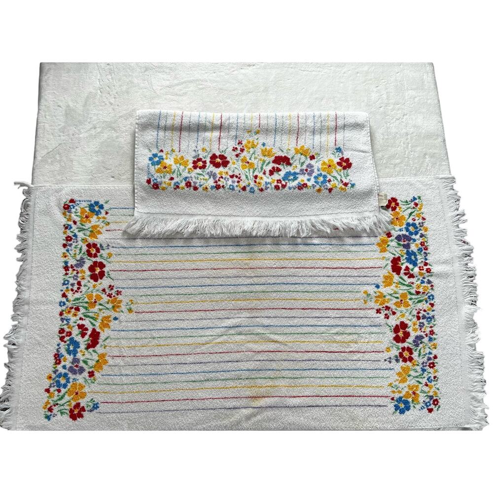 Cannon Vintage Floral Striped Bath Towel Set  Red Yellow White USA - Picture 3 of 9